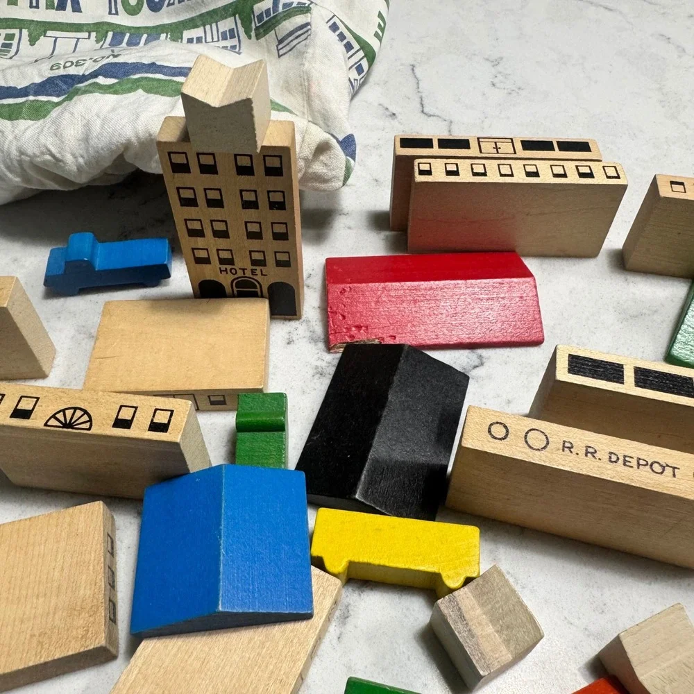 85 piece Vintage PLAYSKOOL VILLAGE Wood Building Blocks And Vehicles Montessori